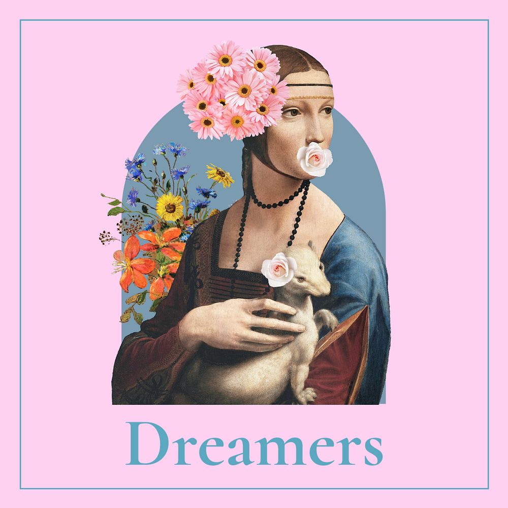 Facebook post template, Lady with Ermine, Da Vinci's painting remixed by rawpixel