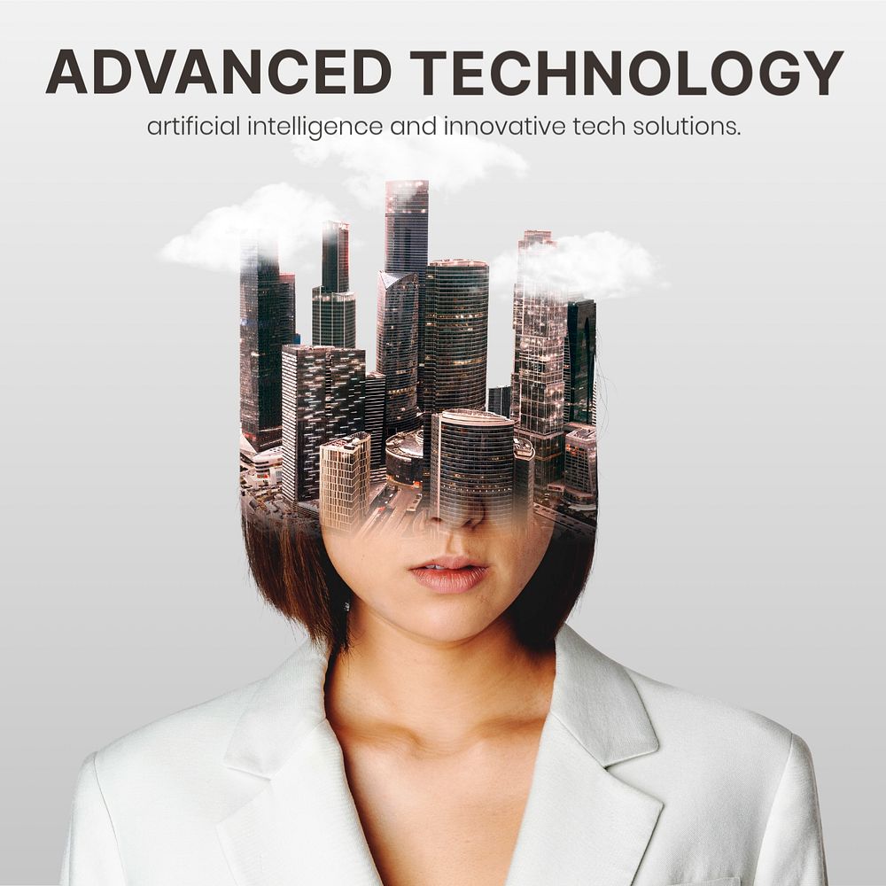 Technology Instagram post template, editable surreal businesswoman 