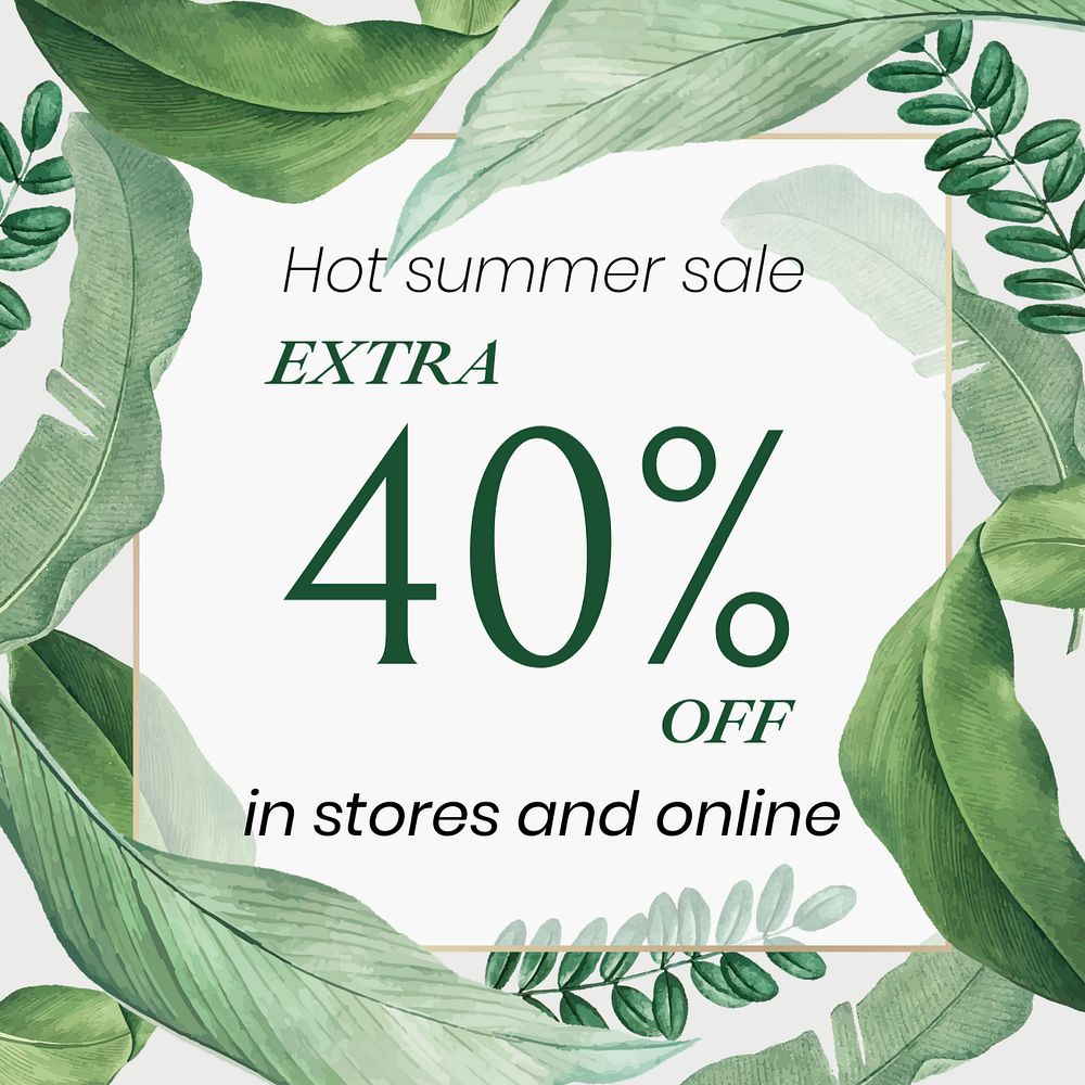 Summer sale instagram ad template, tropical leaves, editable text