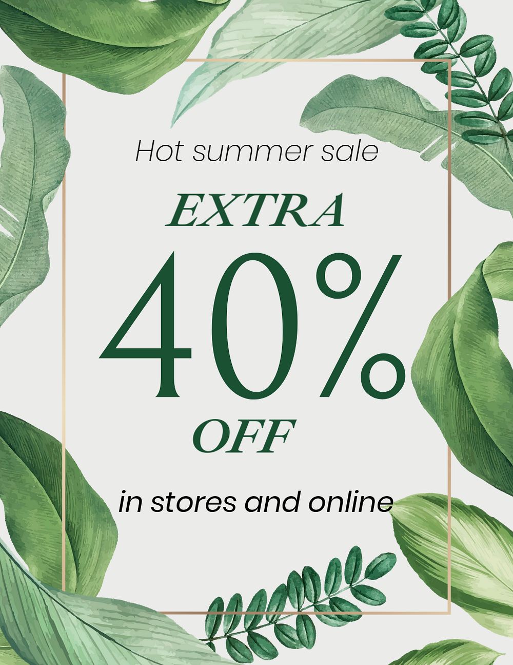 Summer sale flyer template, tropical leaves, editable text