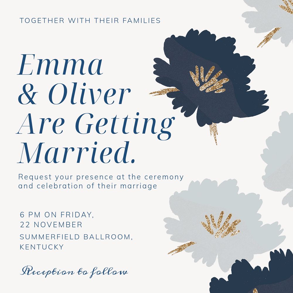 Blue wedding Instagram post template, editable text 
