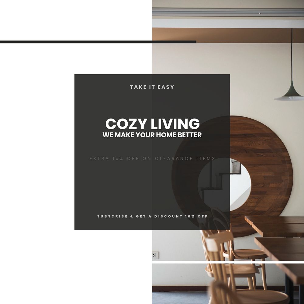 Cozy living Facebook post template, editable text