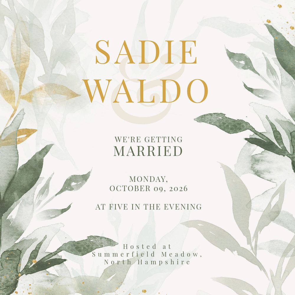 Green wedding Instagram post template, editable text 