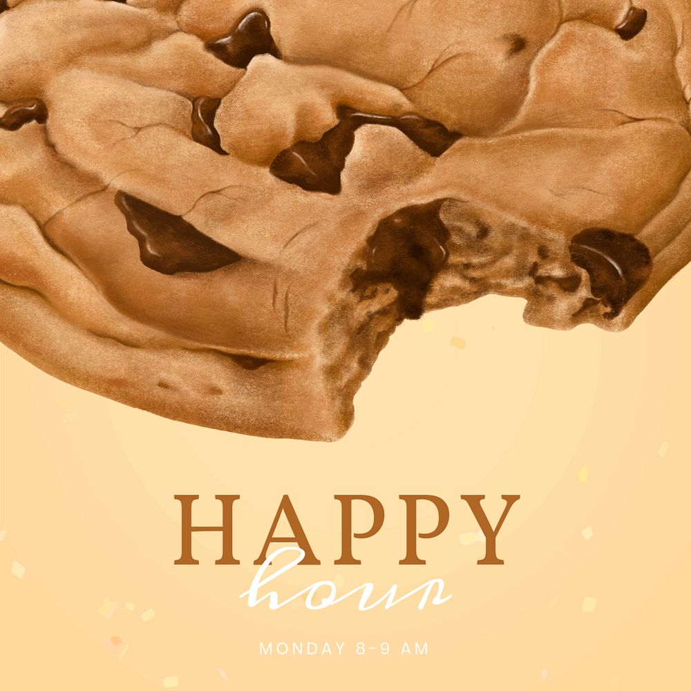 Happy hour instagram post template, bakery illustration, editable text
