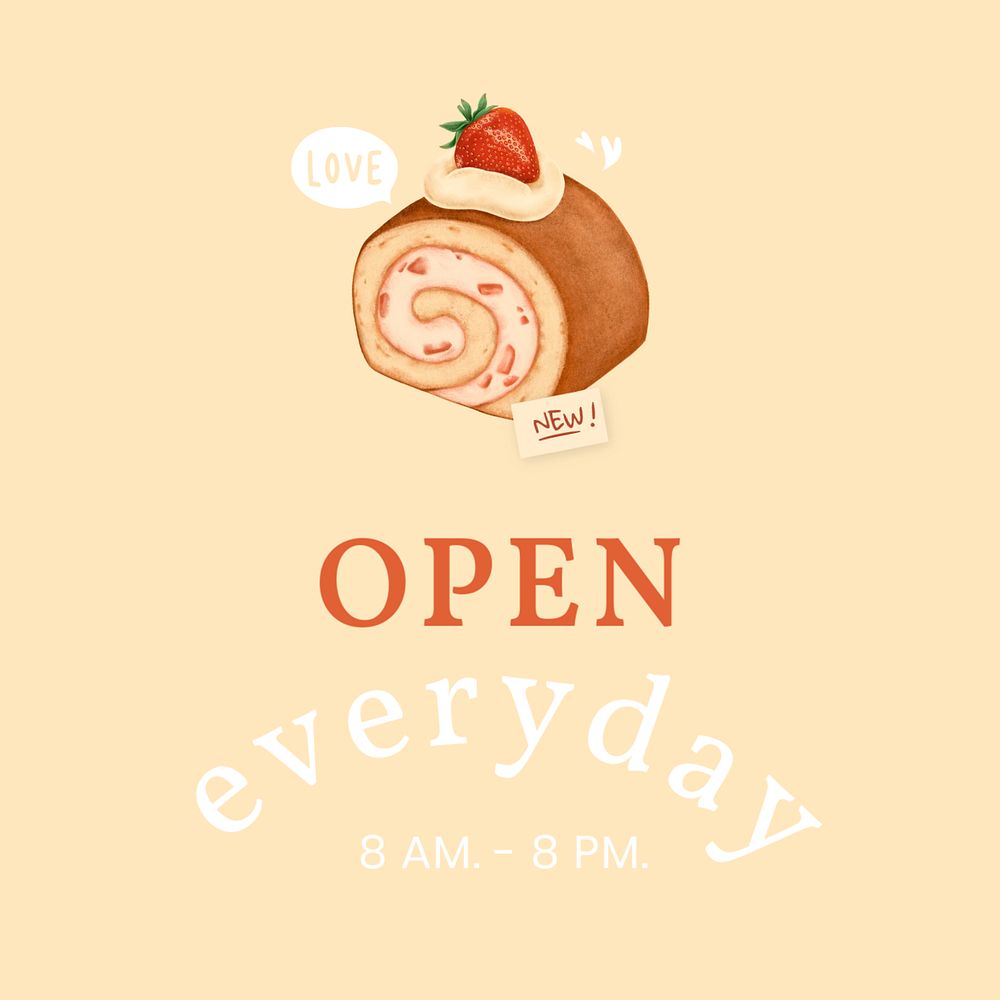 Open everyday instagram post template, bakery illustration, editable text