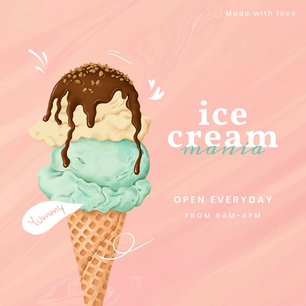 Ice-cream shop instagram post template, dessert illustration, editable text