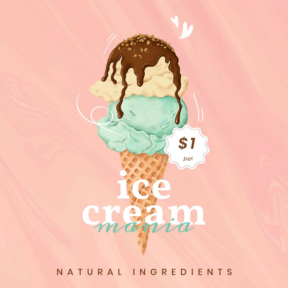 Ice-cream shop instagram post template, dessert illustration, editable text