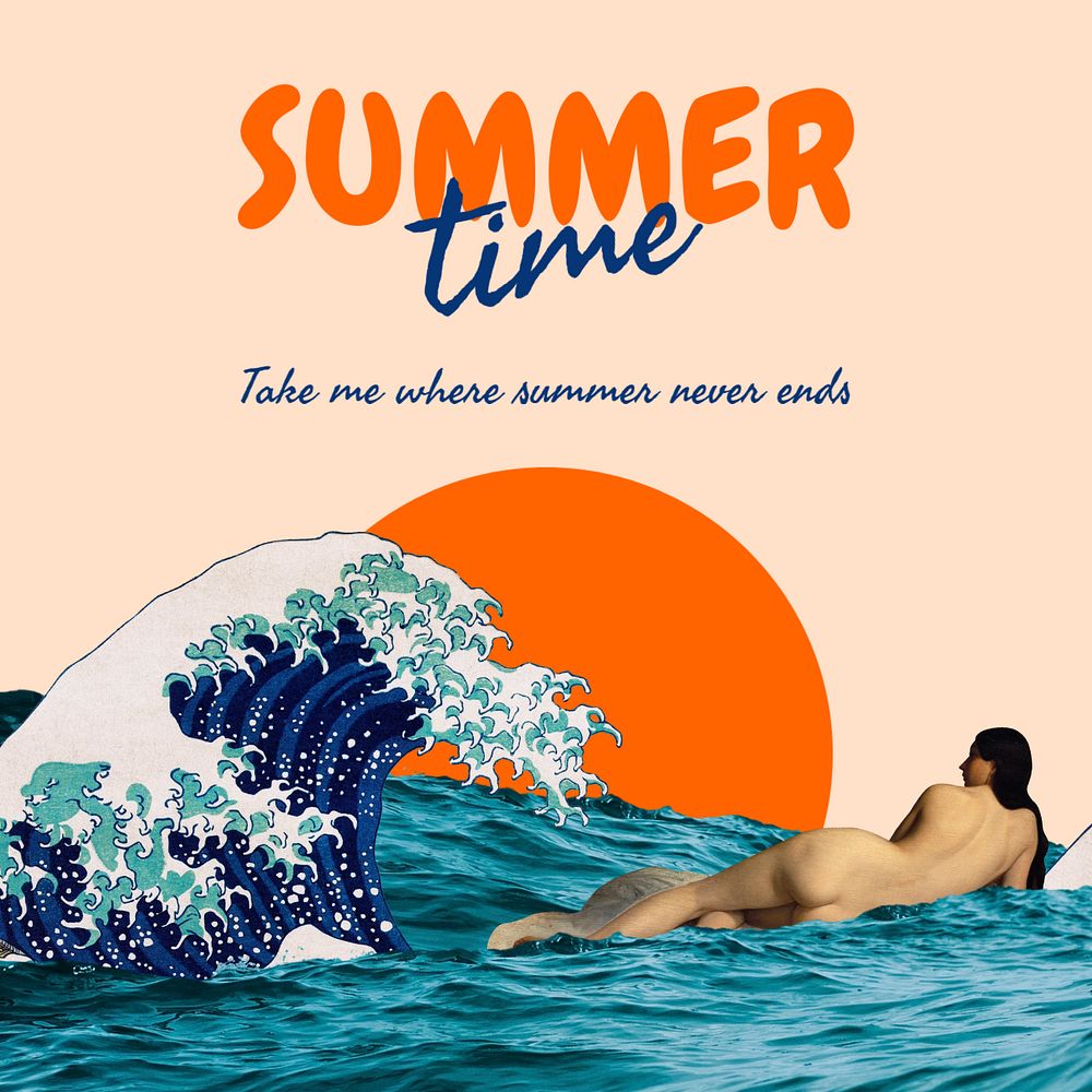 Summer aesthetic Instagram post template, The Great Wave off Kanagawa famous artwork remixed by rawpixel.