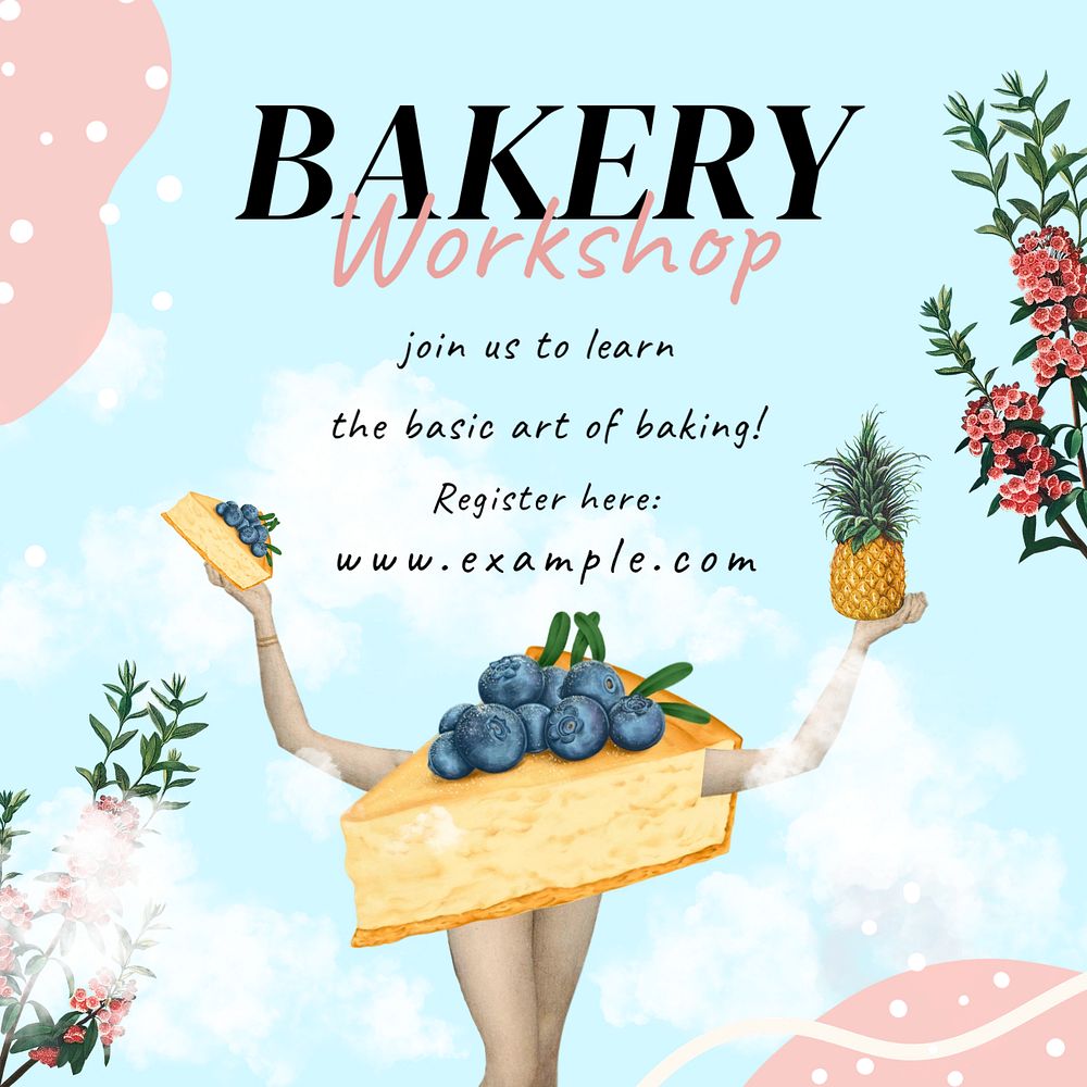 Bakery workshop Instagram post template, vintage abstract remixed media