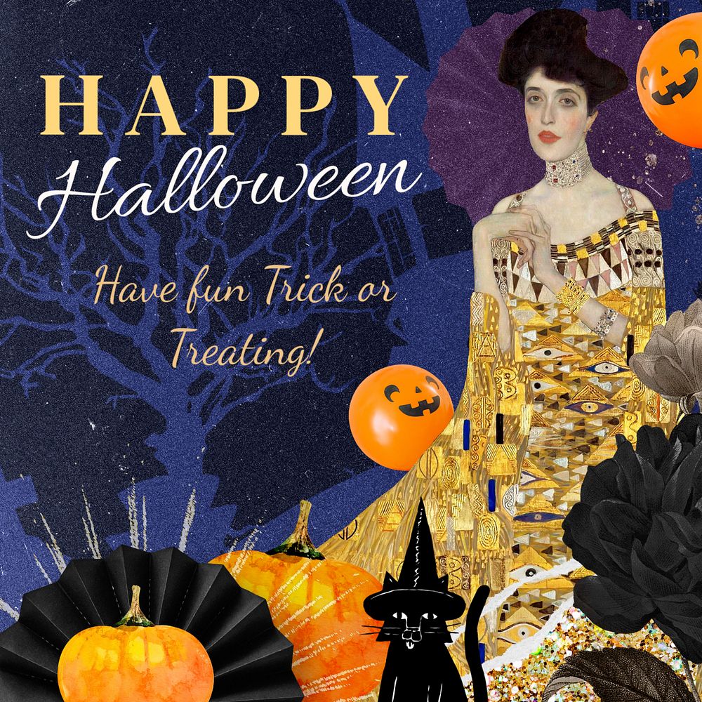 Happy Halloween Instagram post template, Gustav Klimt's art nouveau illustration, remixed by rawpixel