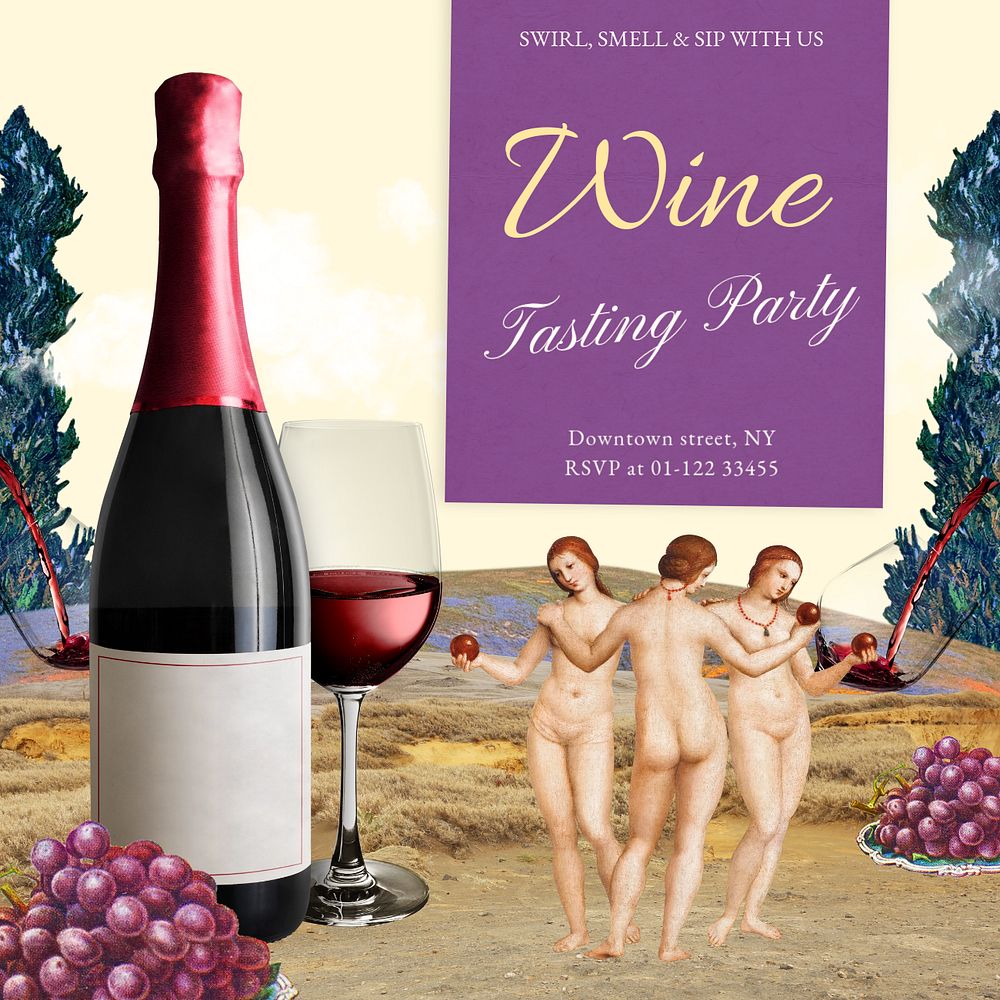 Wine night Instagram post template, Three Graces famous painting, remixed by rawpixel.