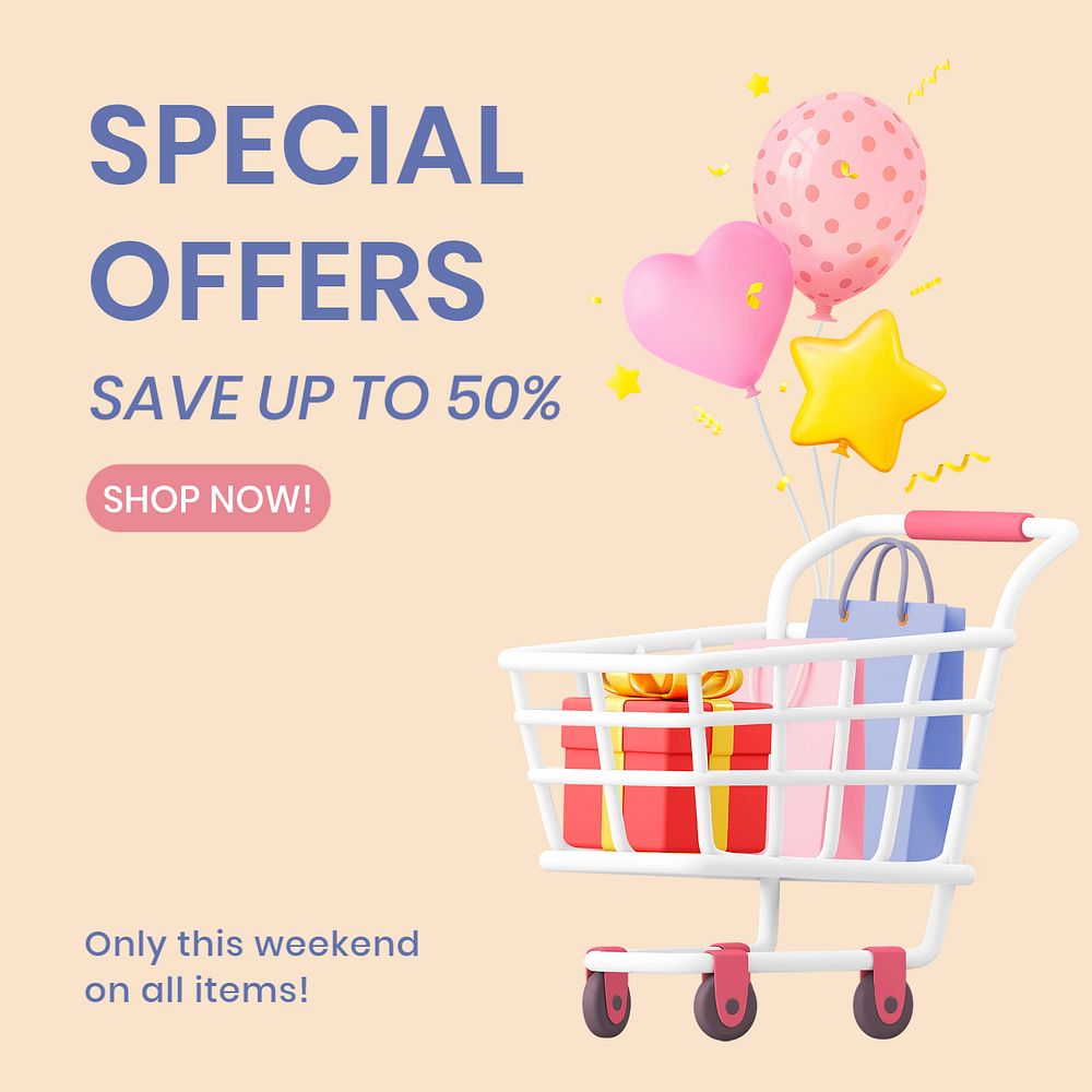 Special offers Facebook ad template, editable colorful 3D design