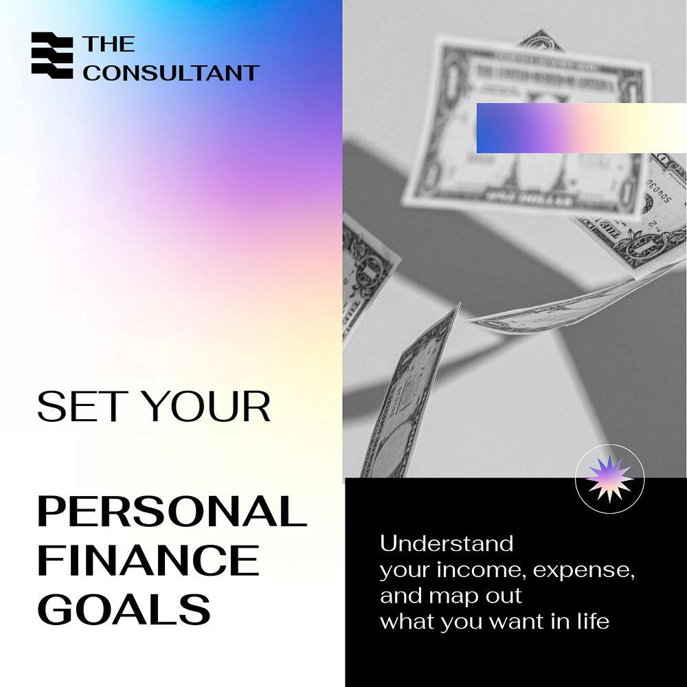 Finance goals Facebook ad template, business consulting, purple gradient design