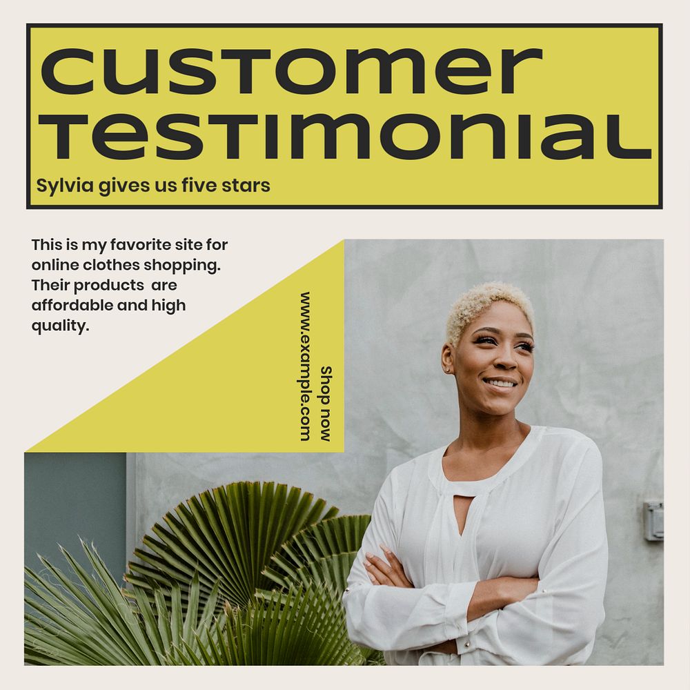 Customer testimonial post template, editable text for social media