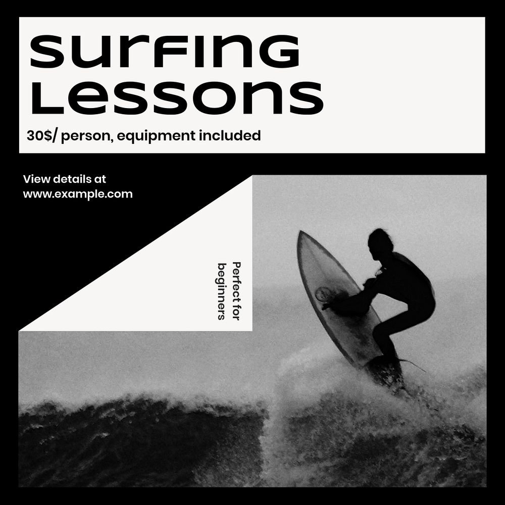 Surfing lessons Facebook post template, editable design