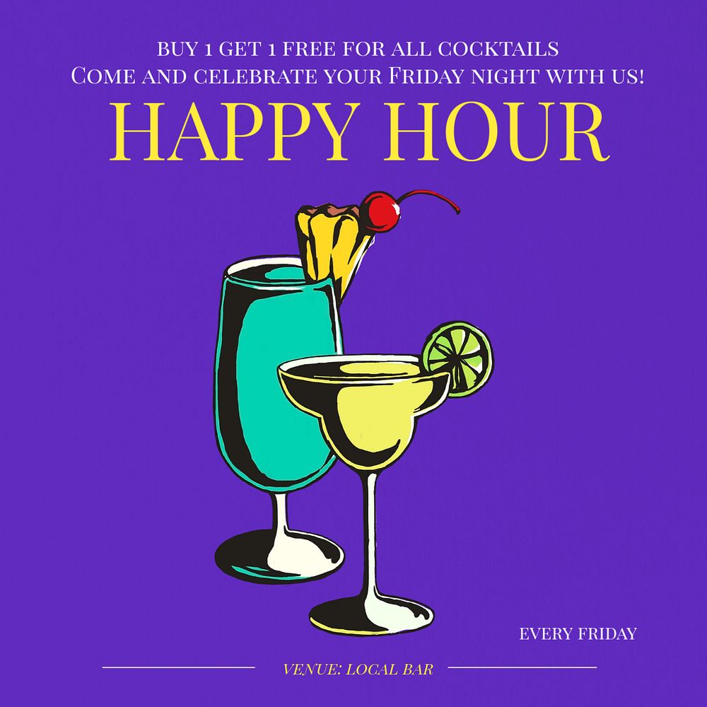 Happy hour Instagram post template, editable text