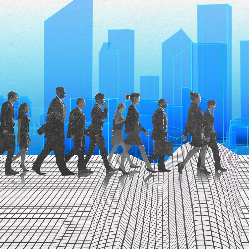 Businesspeople walking, futuristic design, digital remix, editable design