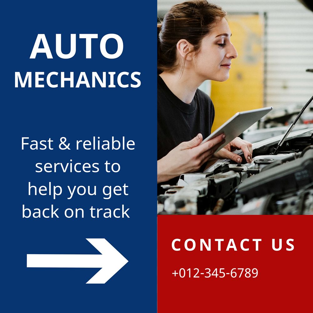 Auto mechanics post template, editable text for social media