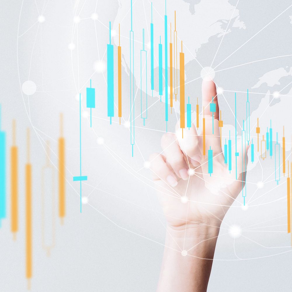 Hand clicking, global stock market finance network, editable design