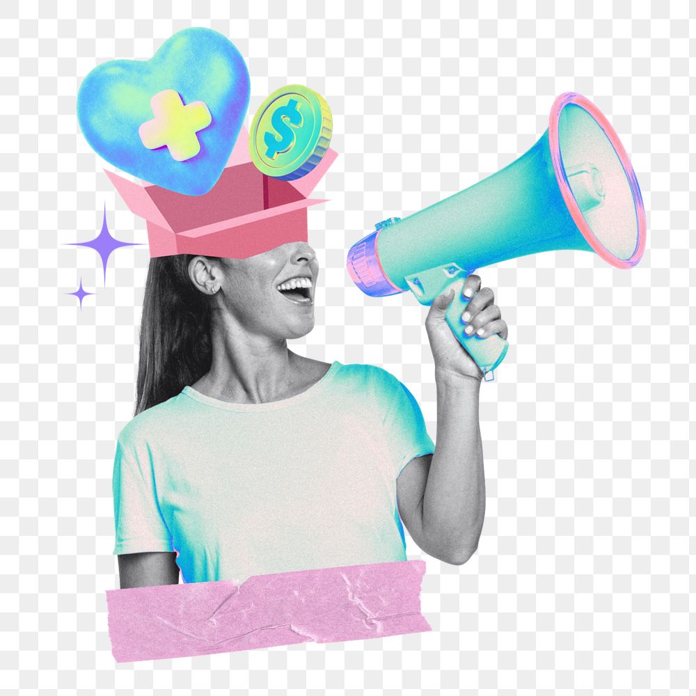 Health donation, woman holding megaphone remix