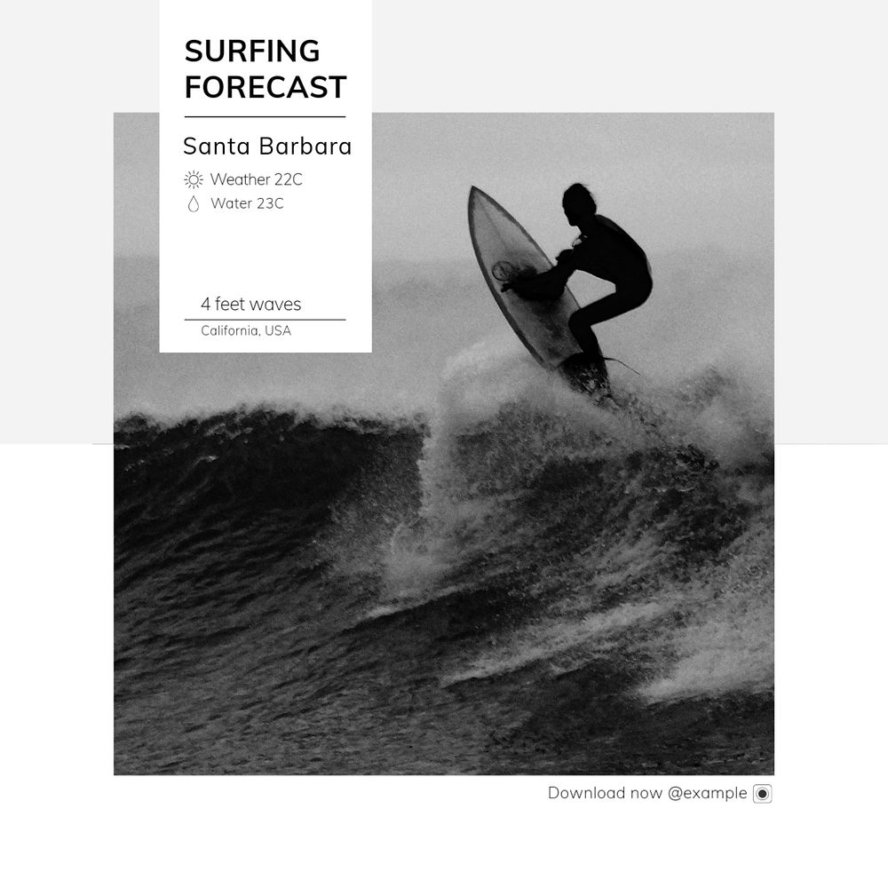 Surfing forecast post template, editable text for social media