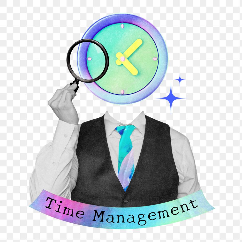 Editable time management word png element, clock collage remix