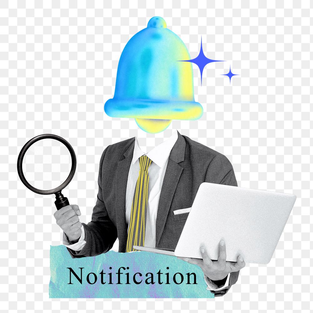 Notification word png element, editable bell head businessman collage remix