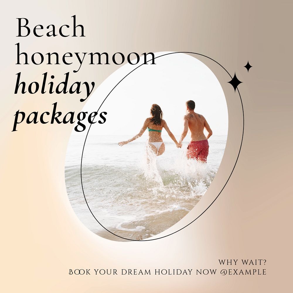 Beach honeymoon holiday post template, editable text for social media