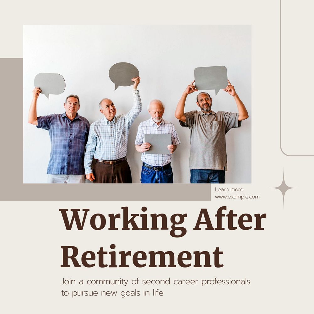 Working after retirement Instagram post template, editable social media ad