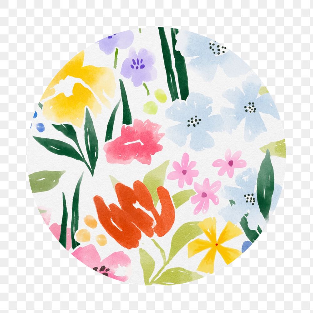 PNG round badge shape mockup element, watercolor flower transparent background