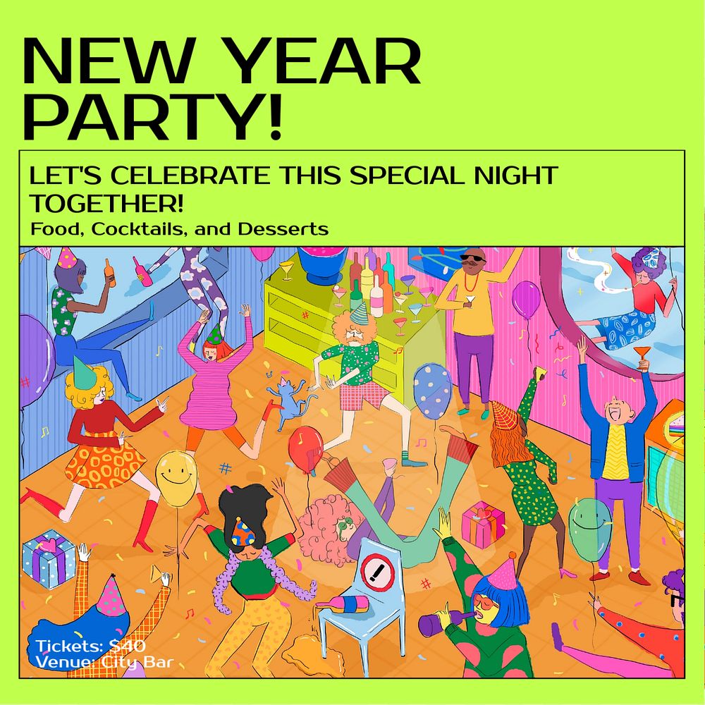 New year party social media template, editable design