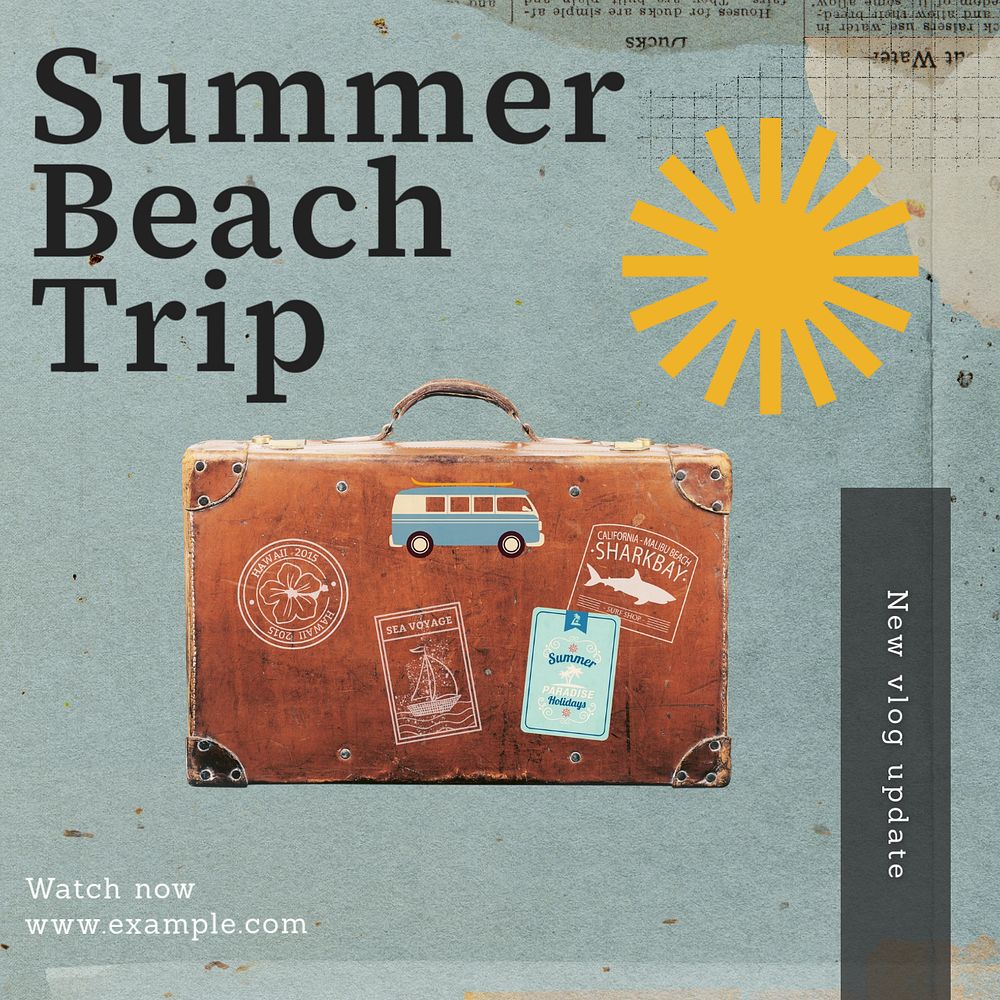 Summer beach trip post template, editable social media design