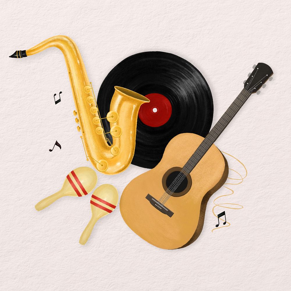 Jazz music aesthetic, saxophone, acoustic guitar illustration, editable design