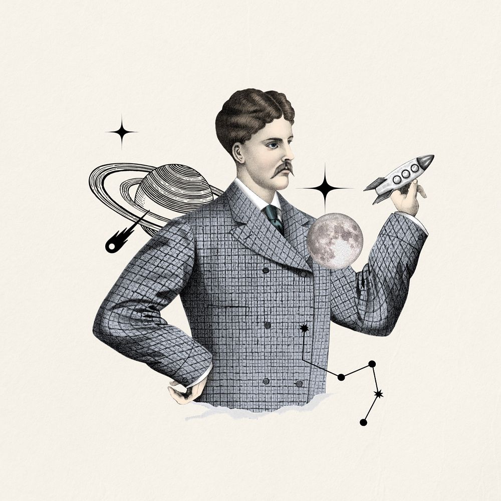 Vintage astronomer man, galaxy editable remix