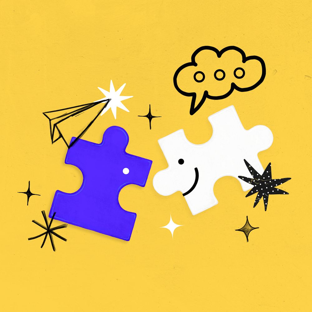 Cartoon puzzle smiling, communication remix, editable design