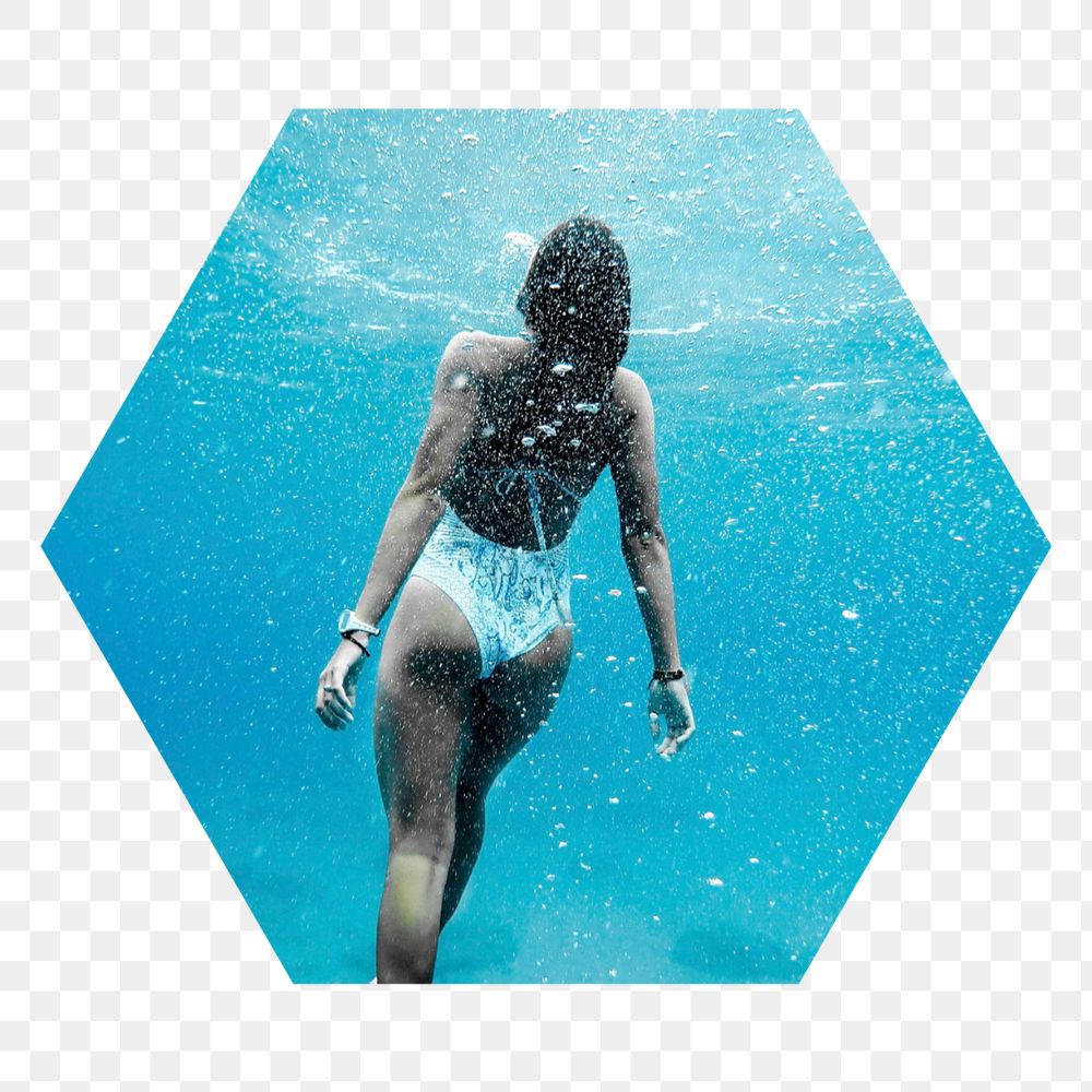 Hexagonal shape mockup png element, editable woman diving in ocean