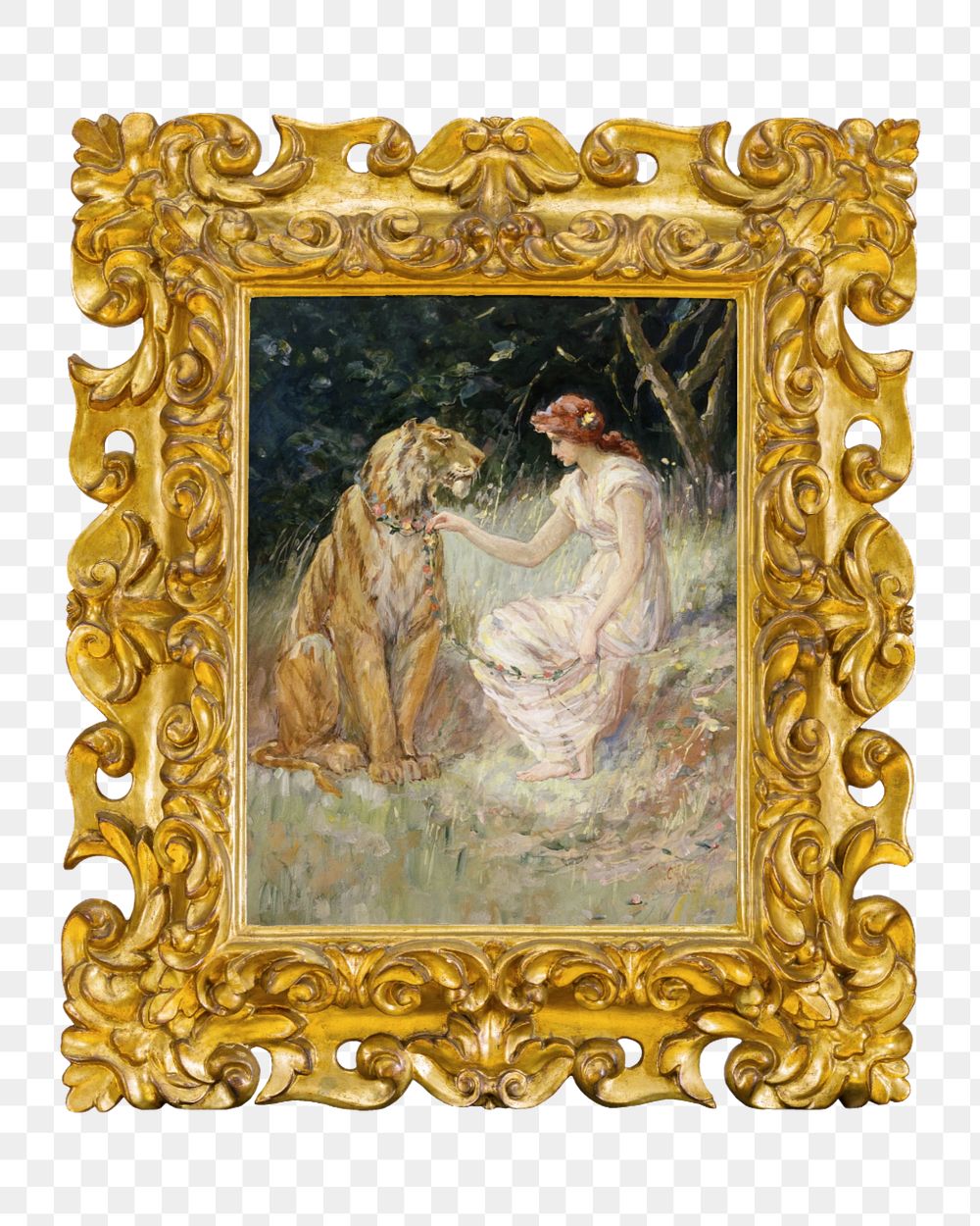 Gold picture png frame mockup element, vintage editable design with Tiger and a Lady painting. Remixed by rawpixel.