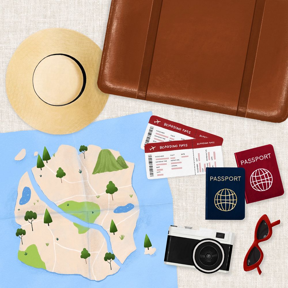 Travel aesthetic, luggage, passport and map illustration, editable design