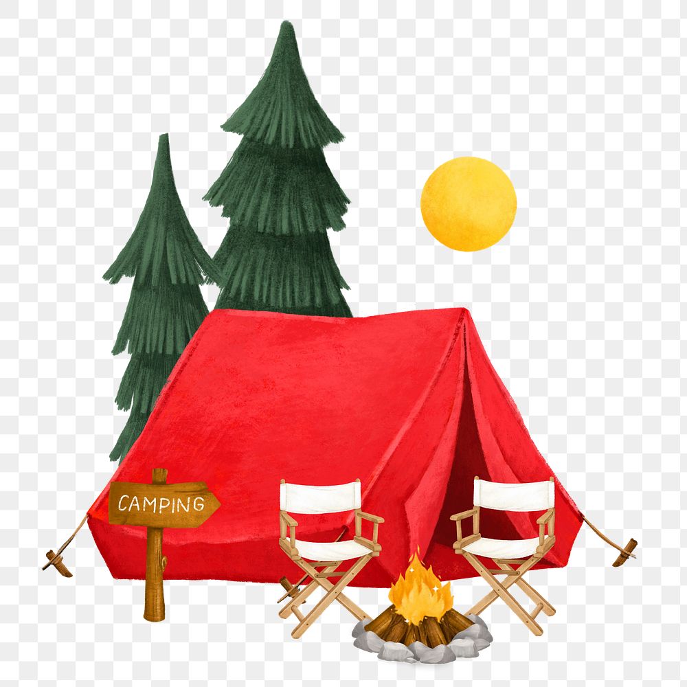 Camping site aesthetic png, tent, chairs and campfire remix, editable design