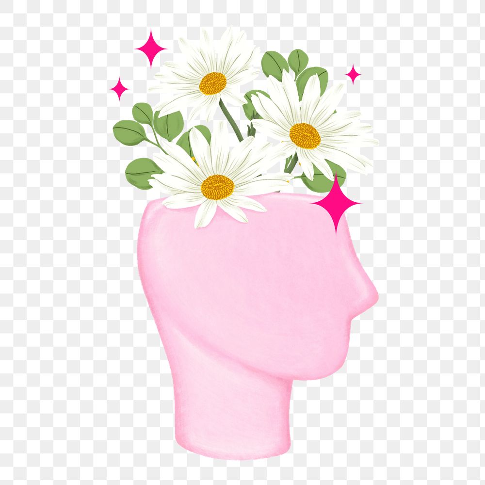 Flower growing head png, mental health remix, editable design