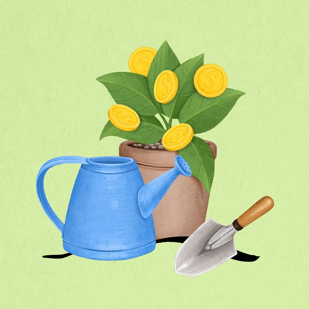 Potted money plant, gardening hobby remix, editable design