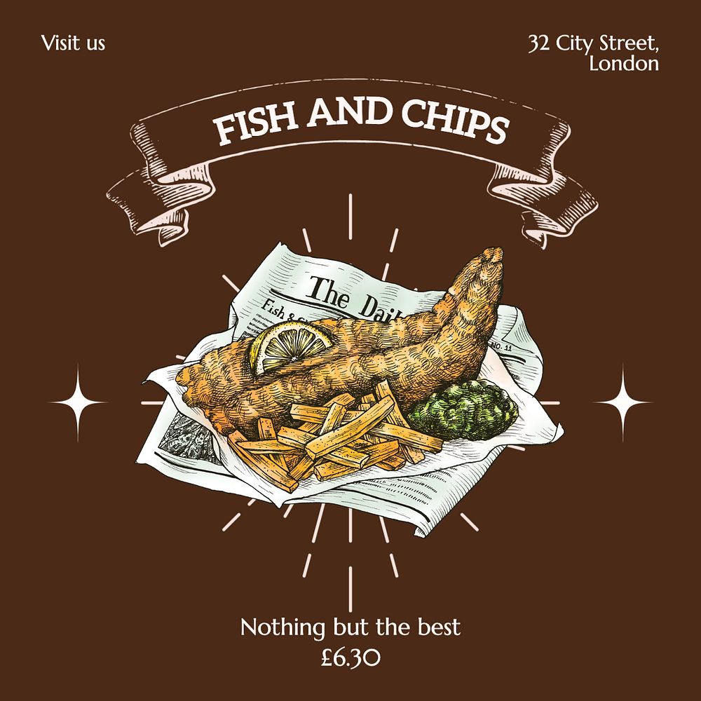 Fish and chips Instagram post template, editable text