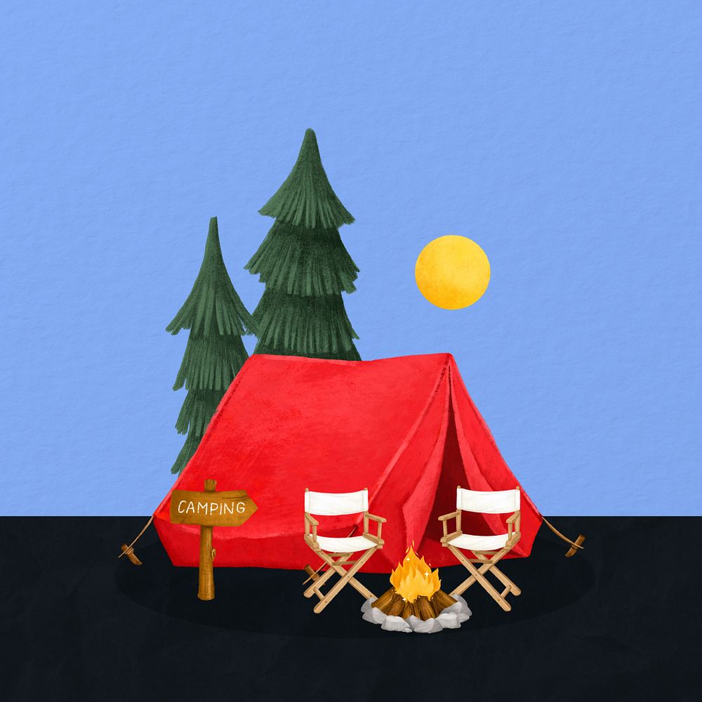 Camping site aesthetic, tent, chairs and campfire remix, editable design