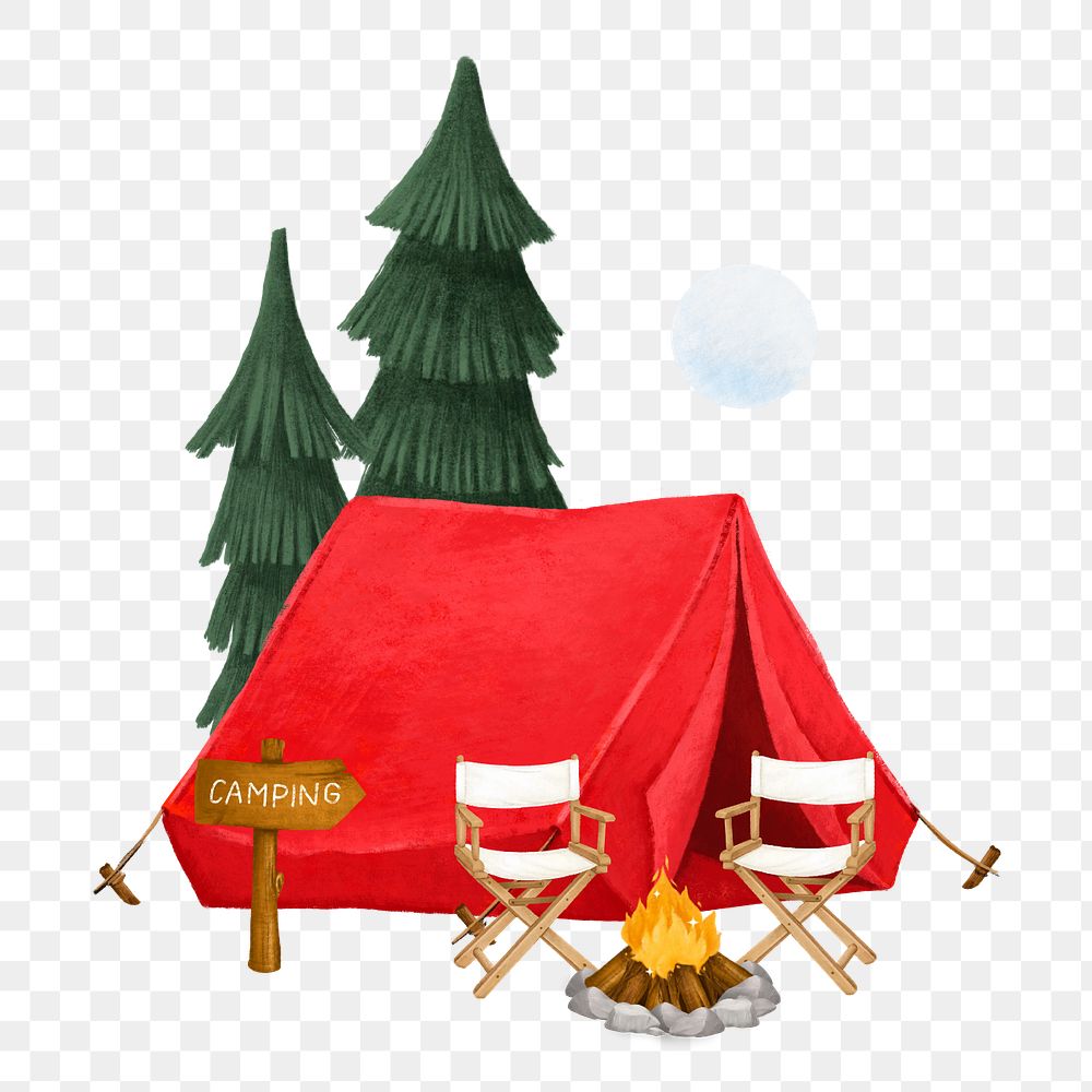 Camping site aesthetic png, tent, chairs and campfire remix, editable design