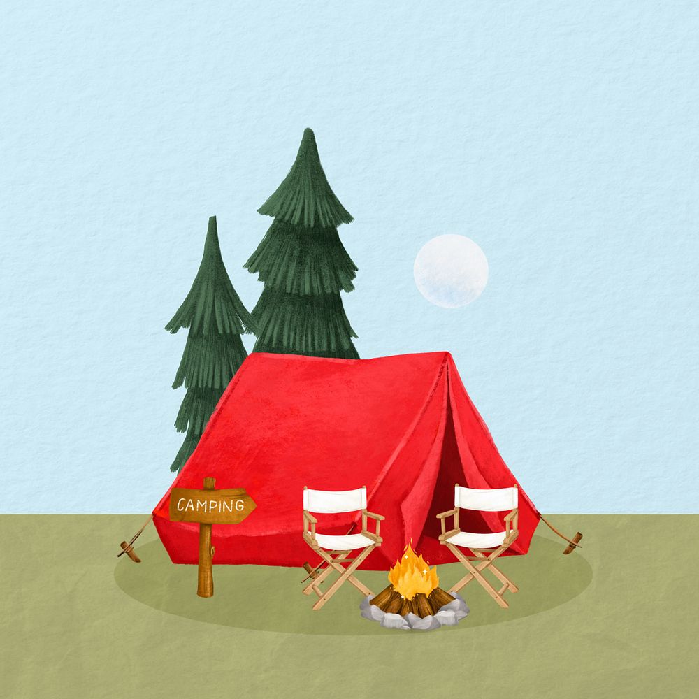 Camping site aesthetic, tent, chairs and campfire remix, editable design