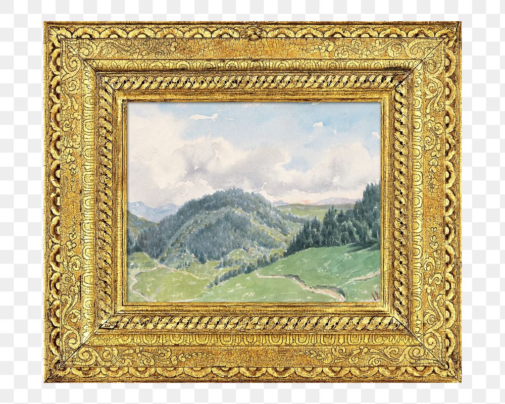 Gold picture png frame mockup element, vintage editable design with Mountain landscape painting. Remixed by rawpixel.