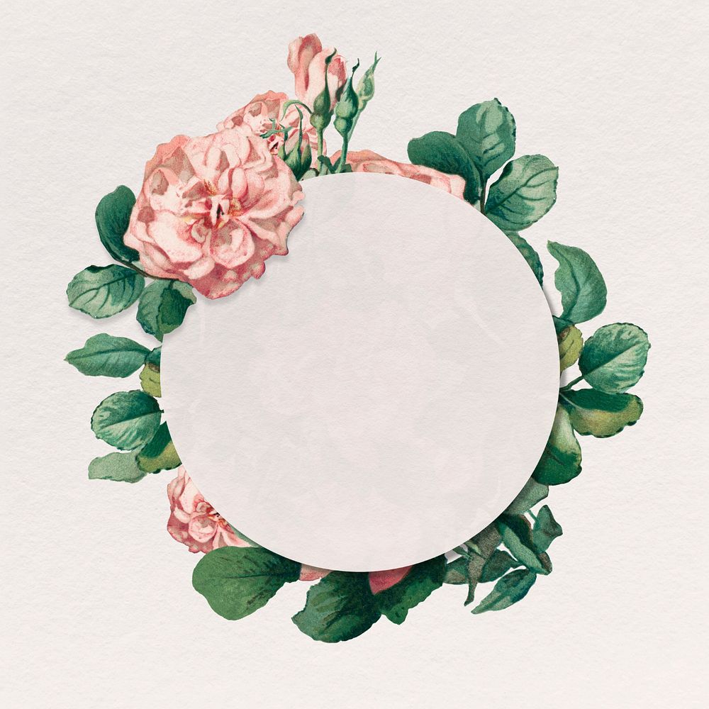 Pink rose frame, editable floral round badge