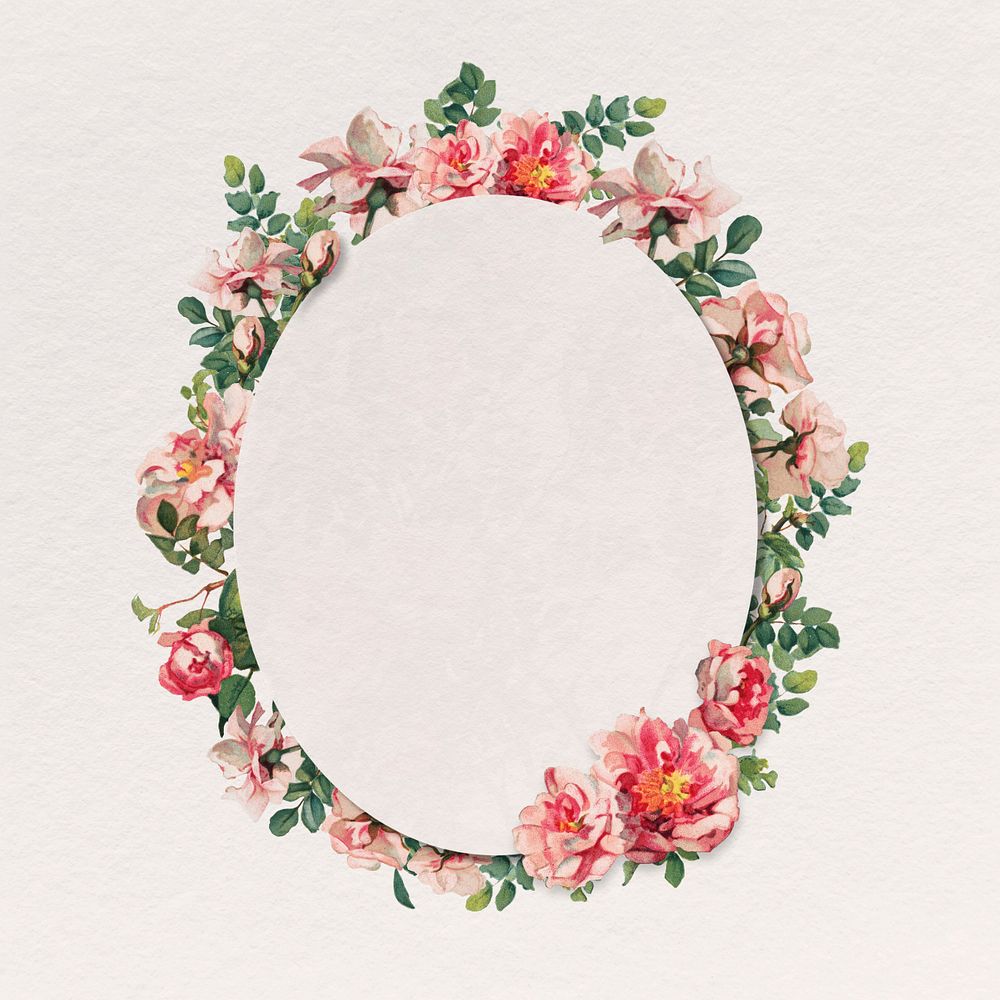 Pink rose frame, editable floral oval badge