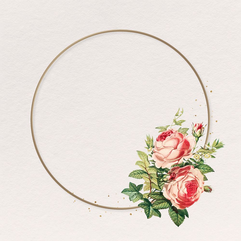 Flower rose round frame, editable pink vintage illustration