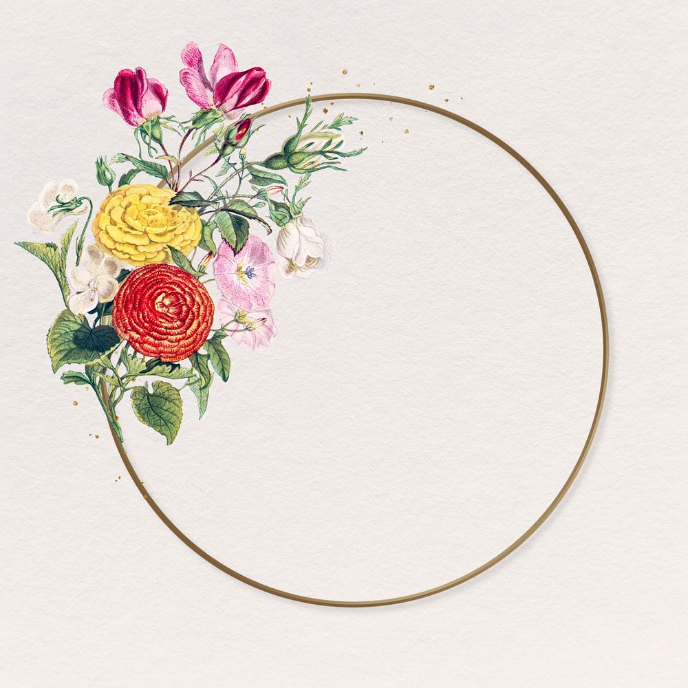 Beautiful buttercup round frame, editable colorful flower vintage illustration